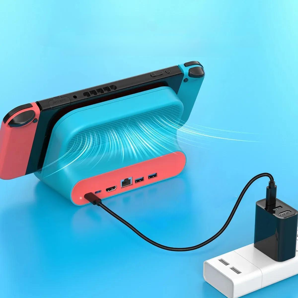 Raxiva-6 in 1 usb c game hub dock cooling fan hdmi 2 0 dual usb 2 0 rj45 100w pd nintendo switch oled