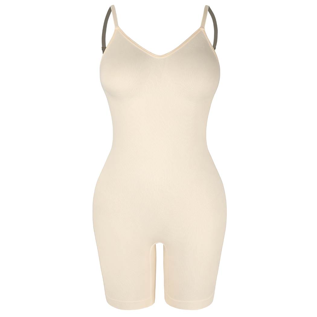 Model showcasing seamless full body shapewear with adjustable straps.  Experience ultimate comfort, body sculpting, and a flattering silhouette. Breathable and invisible under clothes.