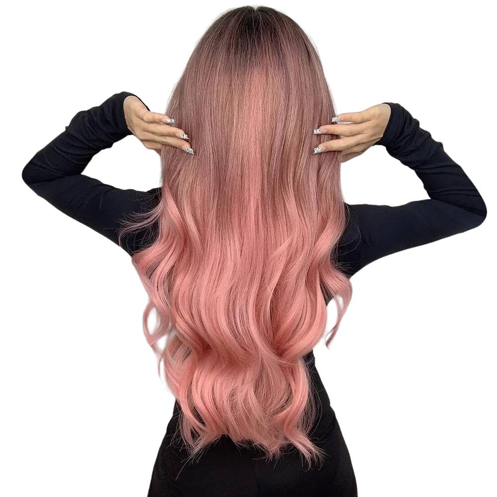 Raxiva-long wavy ombre pink heat resistant synthetic hair wig natural waves