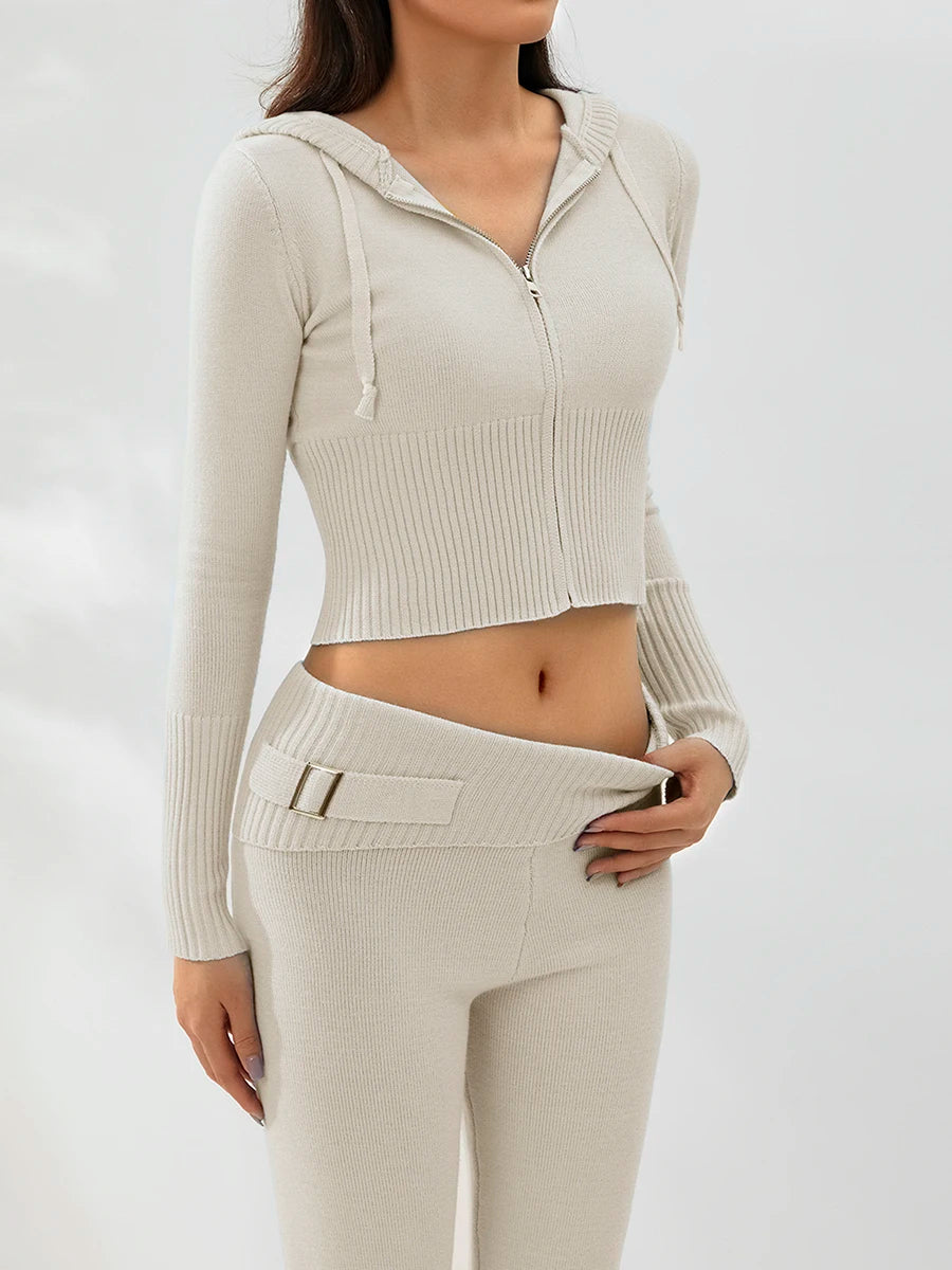 Raxiva - Ribbed Knit Lounge Set for Women – Zip-Up Hoodie & High-Waist Wide-Leg Pants, 2-Piece Relaxed Loungewear Ensemble
