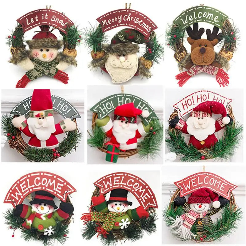 Raxiva - Rustic Christmas Wooden & Rattan Wreath with Santa, Snowman, and Elk Dolls – Enchanting Holiday Charm Perfect Festive Door Ornaments