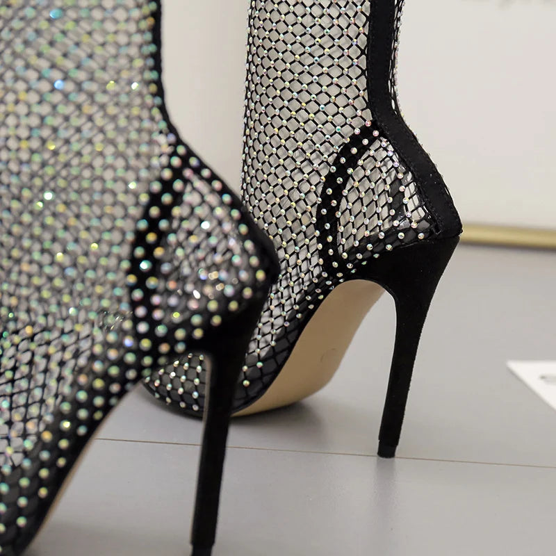 Raxiva - Summer Sparkle Rhinestone Mesh Pointed-Toe Sandals – Dazzling Stiletto High Heels for the Glamorous Woman, Perfect for Elevating Your Style!