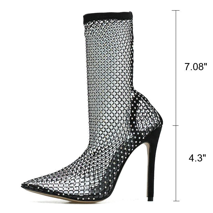Raxiva - Summer Sparkle Rhinestone Mesh Pointed-Toe Sandals – Dazzling Stiletto High Heels for the Glamorous Woman, Perfect for Elevating Your Style!