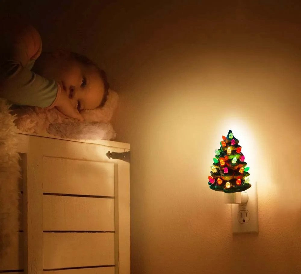 Raxiva - Vintage Ceramic Christmas Tree Night Light – Hand-Painted Plug-In Holiday Glow