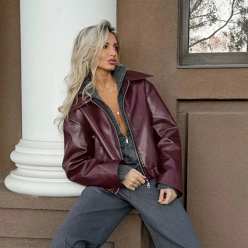 Raxiva - Burgundy Faux Leather Jacket for Women – Stylish Lapel Zipper Design and Long Sleeves for Autumn/Winter Street Fashion