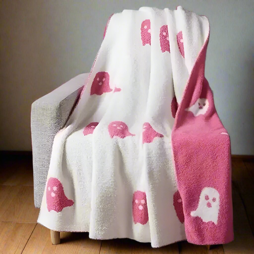 Raxiva-double sided pink ghost halloween cozy flannel throw blanket for beds sofas couches