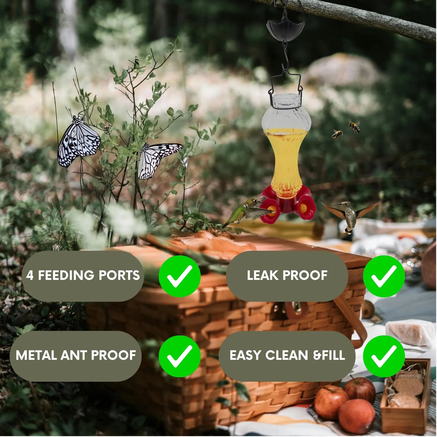 Raxiva-hummingbird feeder glass with flowers and ant moat