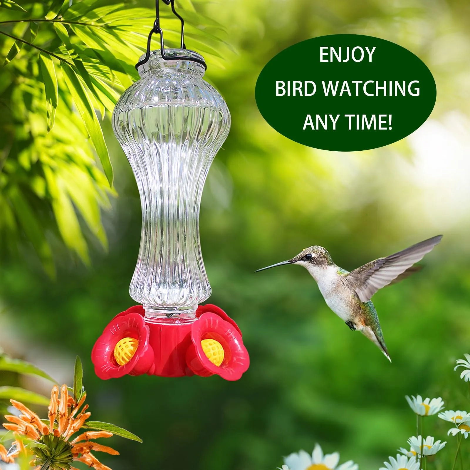 Raxiva-hummingbird feeder glass with flowers and ant moat
