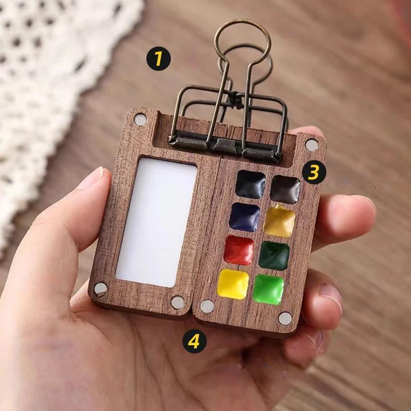 Raxiva-portable black walnut watercolor palette handmade travel paint box brush schmincke