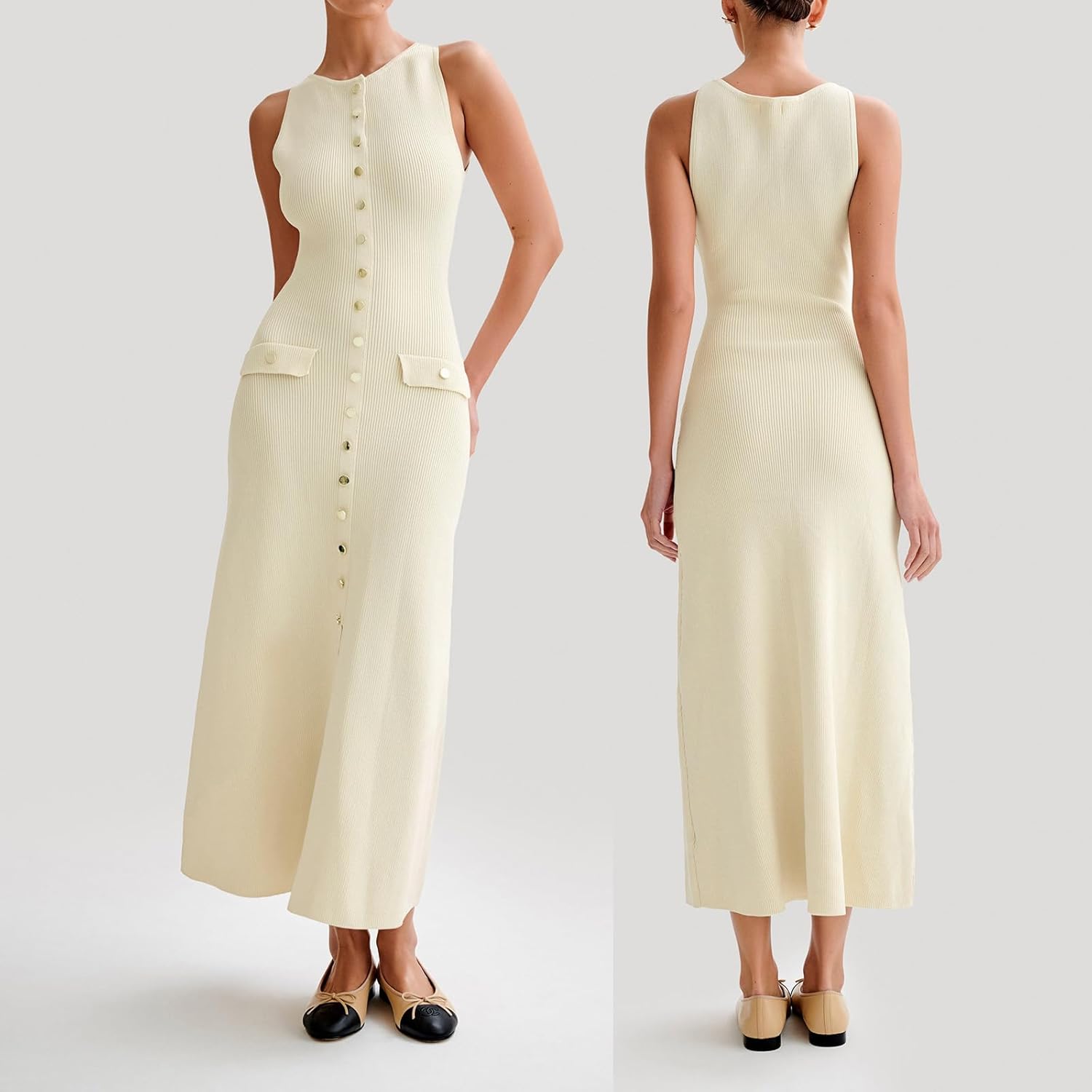 Raxiva-summer sleeveless knitted bodycon dress elegant buttoned o neck party dress